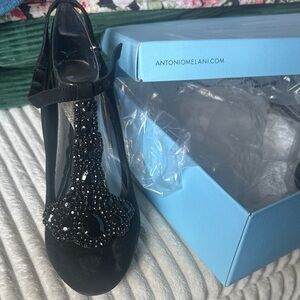 ANTONIO MELANI Black Beaded T-Strap Heels